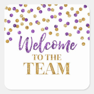 Pegatina Cuadrada Bienvenidos al equipo de Purple Gold Confetti