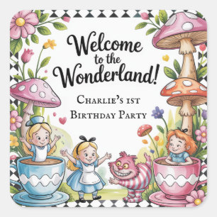 Pegatina Cuadrada Bienvenidos Al Fiesta De Nacimiento De Wonderland