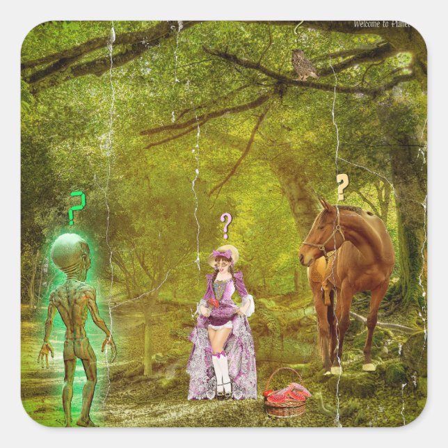 Pegatina Cuadrada Bienvenidos al Planeta Tierra (Anverso)