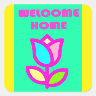 PEGATINA CUADRADA BIENVENIDOS AL PURPLE Y EL DISEÑO AMARILLO DE CASA
