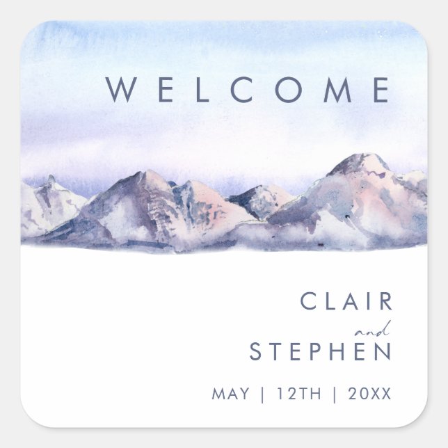 Pegatina Cuadrada Bienvenidos Bodas de Winter Mountain Sunset (Anverso)