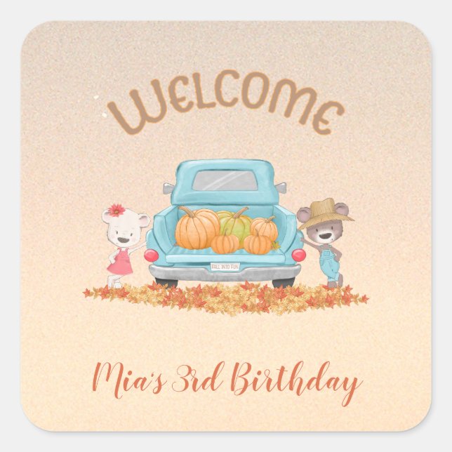 Pegatina Cuadrada BIENVENIDOS Otoño Tema Bears Truck Pumpkins Saltos (Anverso)