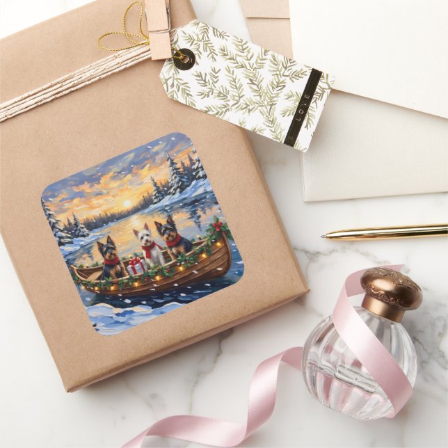 Pegatina Cuadrada Biewer Terrier Christmas Boat Holiday (Regalar)