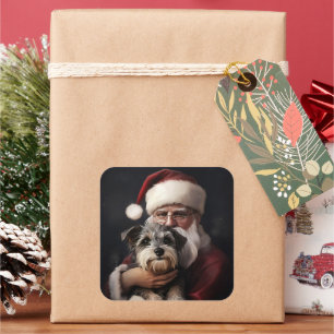 Pegatina Cuadrada Biewer Terrier Con Los Navidades De Santa Claus