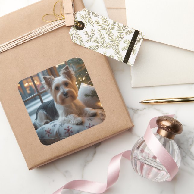Pegatina Cuadrada Biewer Terrier con Luces de Navidad Fiesta (Regalar)