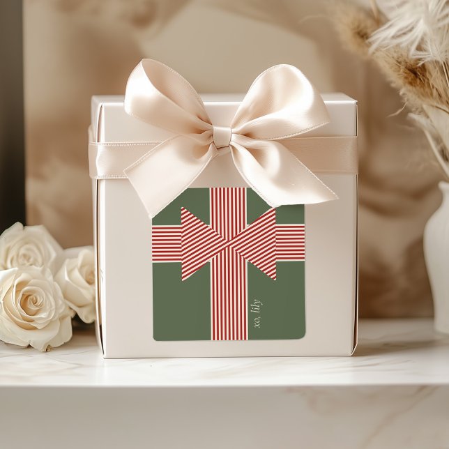 Pegatina Cuadrada Big Bow of Striped Ribbon (personalized holiday theme sticker)