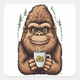 Pegatina Cuadrada Bigfoot Adorable Bebiendo Café Sasquatch Divertido