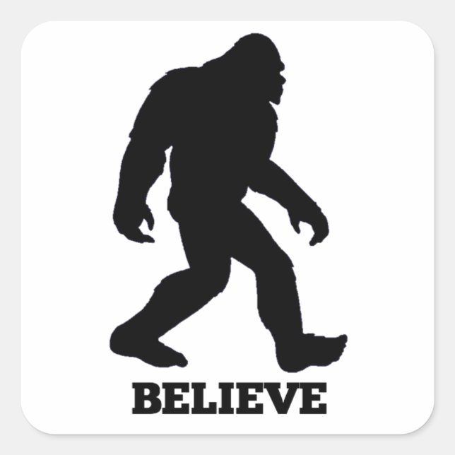 Pegatina Cuadrada Bigfoot BELIEVE Sasquatch (Anverso)
