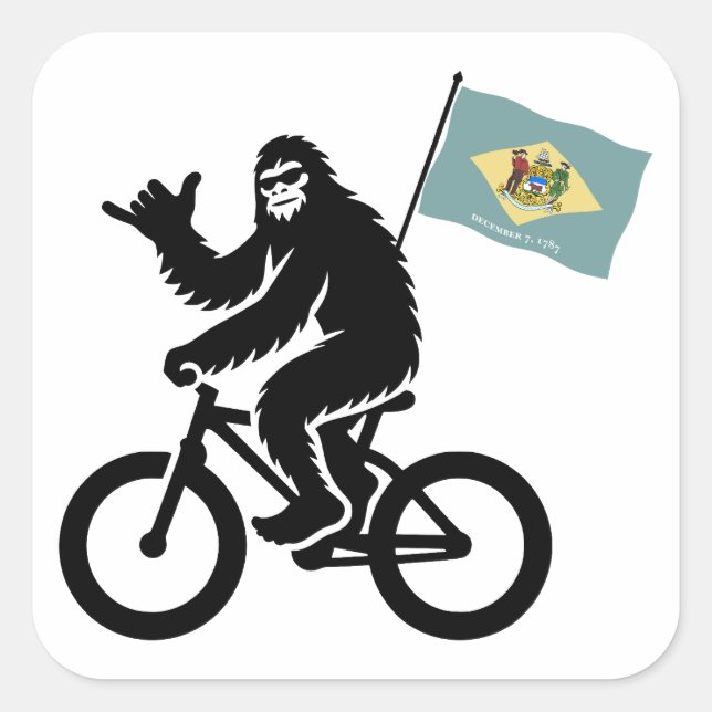 Pegatina Cuadrada Bigfoot en bicicleta bandera de Delaware (Anverso)