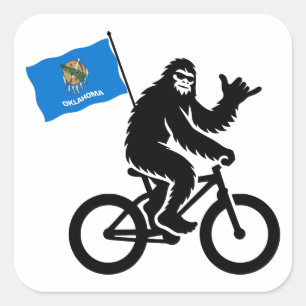 Pegatina Cuadrada Bigfoot en bicicleta bandera de Oklahoma