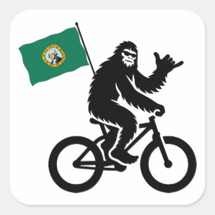 Pegatina Cuadrada Bigfoot en bicicleta bandera de Washington