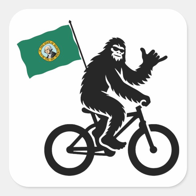 Pegatina Cuadrada Bigfoot en bicicleta bandera de Washington (Anverso)