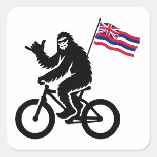 Pegatina Cuadrada Bigfoot en bicicleta con la bandera de Hawái