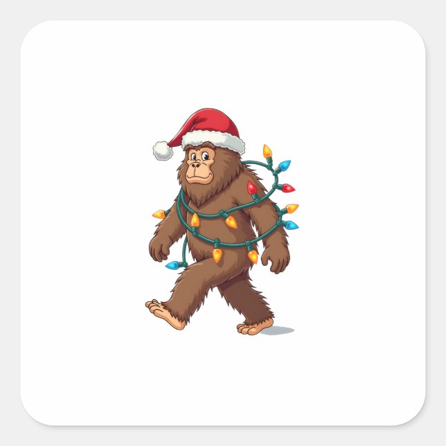 Pegatina Cuadrada Bigfoot Santa Christmas Tree Lights Xmas Boys Men  (Anverso)