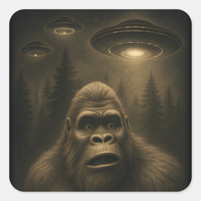 Pegatina Cuadrada Bigfoot Sasquatch Alien UFO Funny (Anverso)