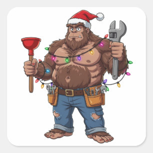 Pegatina Cuadrada Bigfoot Sasquatch Fontanero Navidad 2026 Fiesta