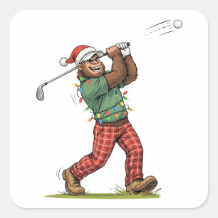 Pegatina Cuadrada Bigfoot Sasquatch Golf Navidad 2026 Fiesta