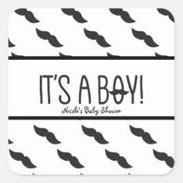 Pegatina Cuadrada Bigote ES UN NIÑO Favor para Baby Shower en Blanco