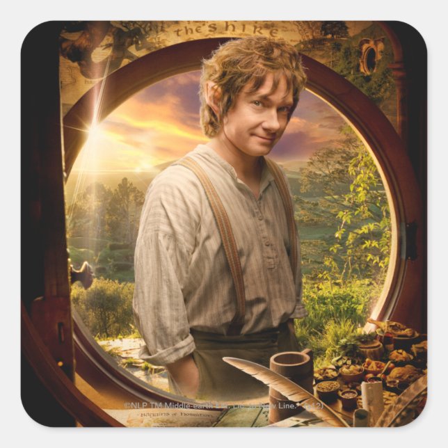 Pegatina Cuadrada BILBO BAGGINS™ en el colegio Shire (Anverso)