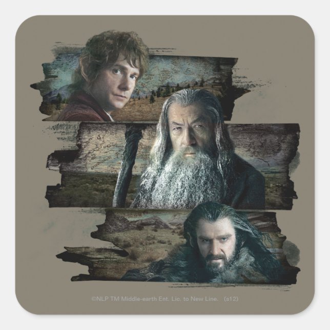 Pegatina Cuadrada BILBO BAGGINS™, Gandalf, THORIN OAKENSHIELD™ (Anverso)