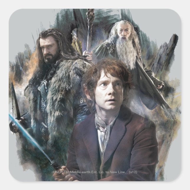Pegatina Cuadrada BILBO BAGGINS™, THORIN OAKENSHIELD™ y Gandalf (Anverso)