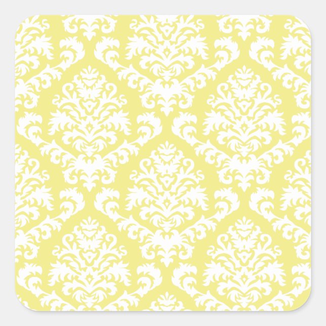 Pegatina Cuadrada BILTMORE DAMASK en BLANCO sobre AMARILLO (Anverso)