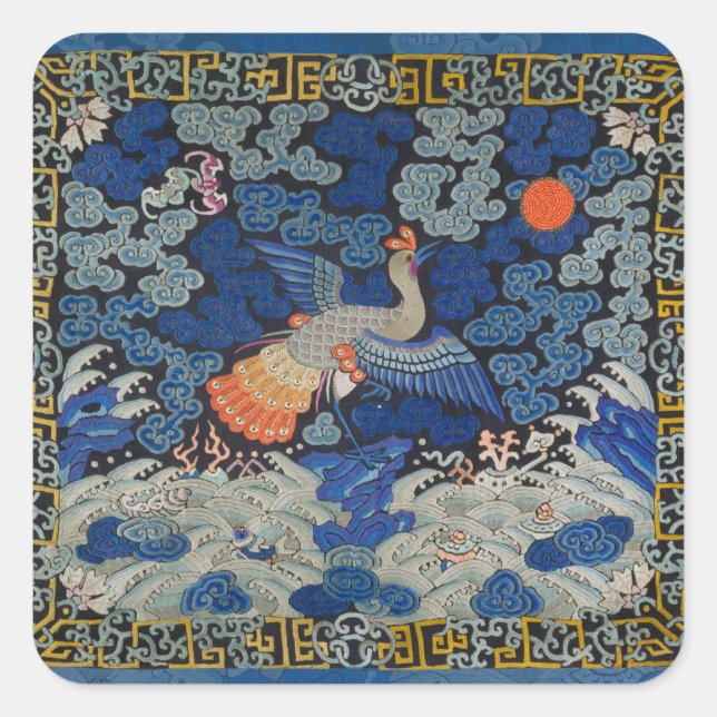 Pegatina Cuadrada Bird Blue Chinese Embroidery Vintage (Anverso)