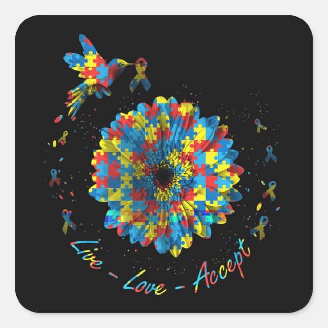 Pegatina Cuadrada Bird Flower Ribbon Puzzle Live Love Acepta Autismo (Anverso)