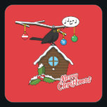 Pegatina Cuadrada Bird House Merry Christmas<br><div class="desc">Un ilustracion de una casa de pájaros con decoraciones navideñas de bayas y bolas colgantes donde un Blackbird canta alegremente y te desea una Feliz Navidad. El techo está cubierto de nieve. Este diseño está hecho para la celebración de las vacaciones de invierno y para los amantes de las aves....</div>