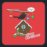 Pegatina Cuadrada Bird House Merry Christmas<br><div class="desc">Un ilustracion de una casa de pájaros con decoraciones navideñas de bayas y bolas colgantes donde un Blackbird canta alegremente y te desea una Feliz Navidad. El techo está cubierto de nieve. Este diseño está hecho para la celebración de las vacaciones de invierno y para los amantes de las aves....</div>
