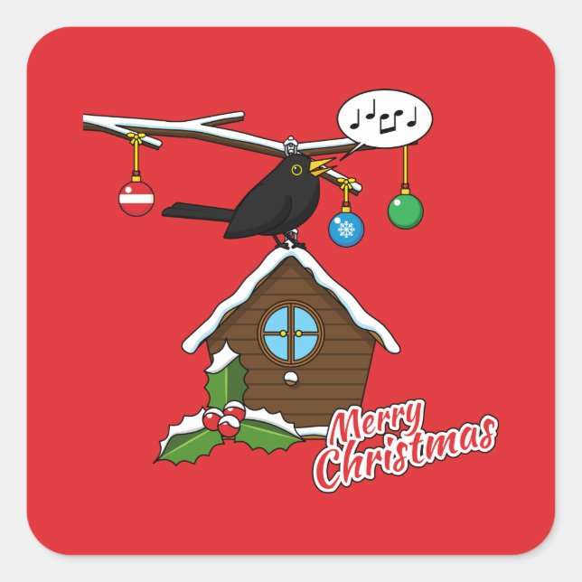 Pegatina Cuadrada Bird House Merry Christmas (Anverso)