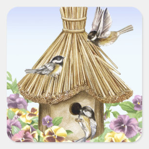 Pegatina Cuadrada Birdhouse de los Chickadees