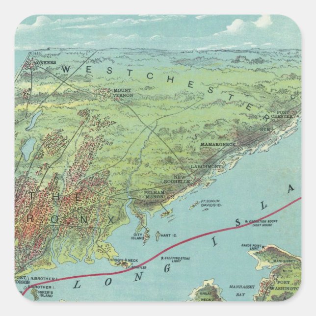Pegatina Cuadrada Birds Eye View Map De Nueva York Y Sus Alrededores (Anverso)