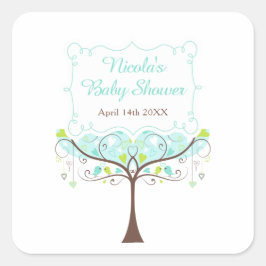 Pegatina Cuadrada Birds Hearts Tree Blue and Green Baby Shower