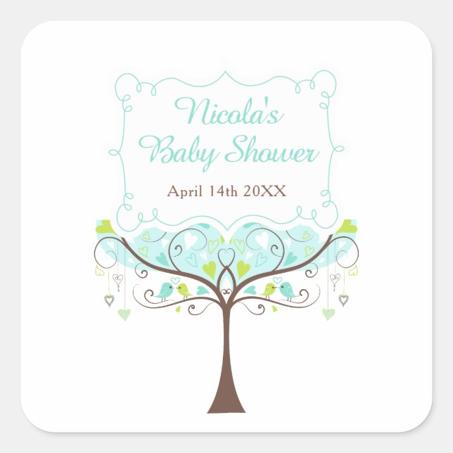 Pegatina Cuadrada Birds Hearts Tree Blue and Green Baby Shower (Anverso)