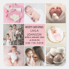 Pegatina Cuadrada  Birth Announcment Personalize 8 Photo christmas