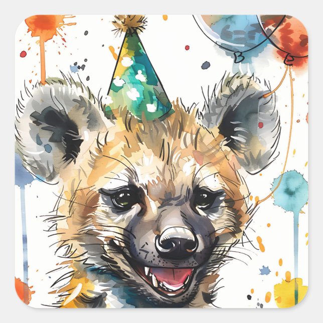 Pegatina Cuadrada Birthday Hyena (Anverso)