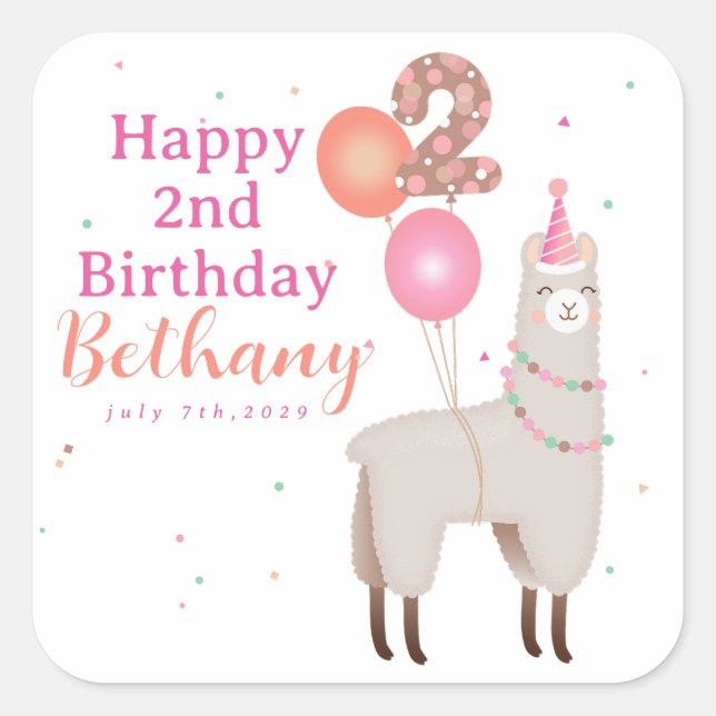 Pegatina Cuadrada Birthday Llama (Anverso)