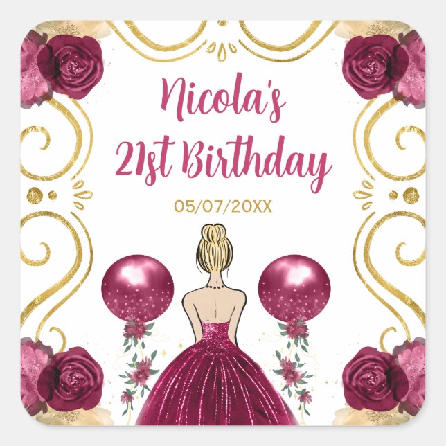 Pegatina Cuadrada Birthday Party Blonde Princess in Burgundy Red (Anverso)