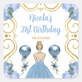 Pegatina Cuadrada Birthday Party Blonde Princess in Dusty Blue