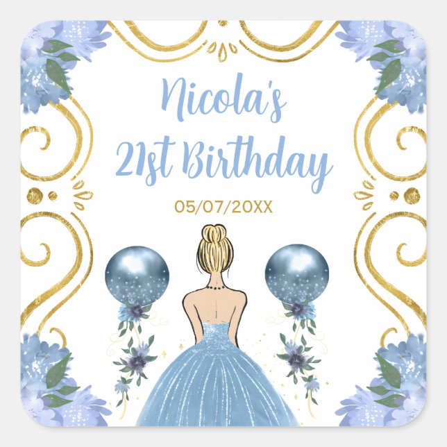 Pegatina Cuadrada Birthday Party Blonde Princess in Dusty Blue (Anverso)