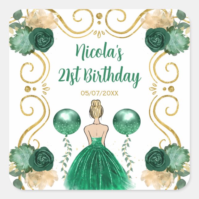 Pegatina Cuadrada Birthday Party Blonde Princess in Green (Anverso)