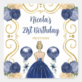 Pegatina Cuadrada Birthday Party Blonde Princess in Navy Blue