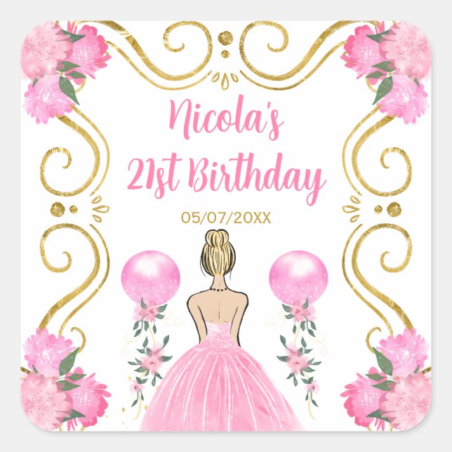Pegatina Cuadrada Birthday Party Blonde Princess in Pink (Anverso)