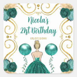 Pegatina Cuadrada Birthday Party Blonde Princess in Teal