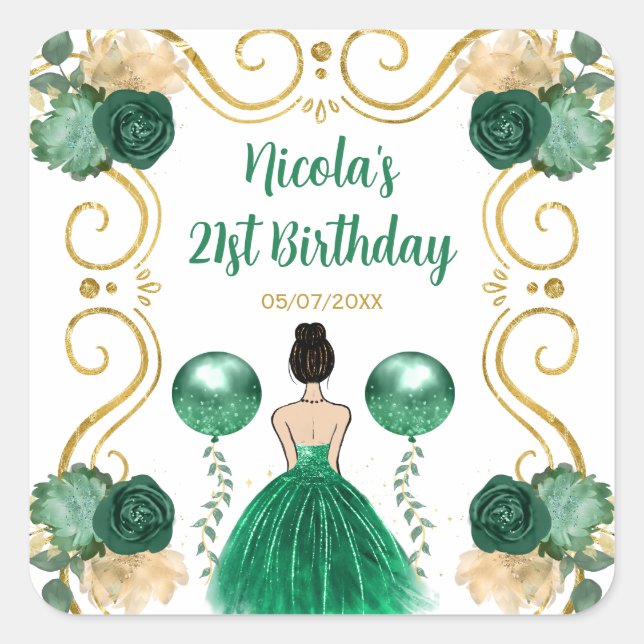 Pegatina Cuadrada Birthday Party Brown Hair Princess in Green (Anverso)