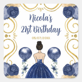 Pegatina Cuadrada Birthday Party Brown Hair  Princess in Navy Blue