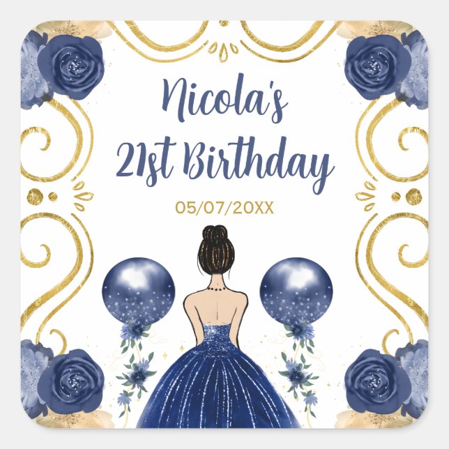 Pegatina Cuadrada Birthday Party Brown Hair  Princess in Navy Blue (Anverso)