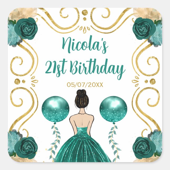 Pegatina Cuadrada Birthday Party Brown Hair Princess in Teal (Anverso)
