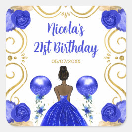 Pegatina Cuadrada Birthday Party Dark Skin Princess in Blue